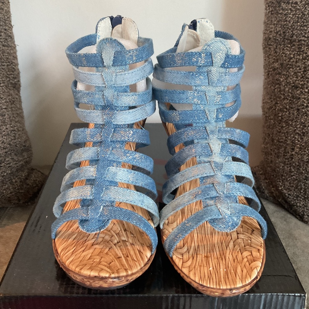 NEW Blue Denim With Sparkle Strappy Wedge Sandals